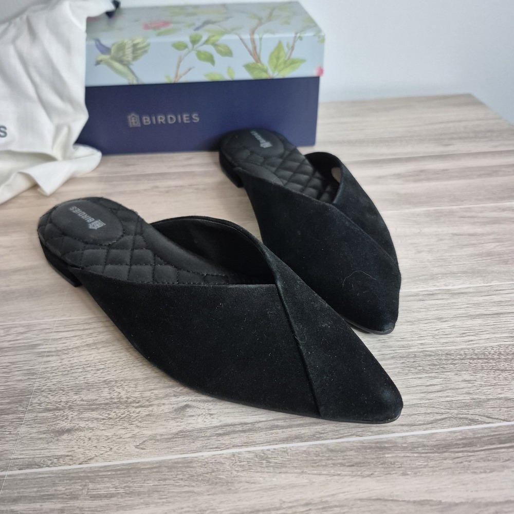 Birdies 6.5 Swan New W Box Black Pointed Toe Mules Comfy Office Casual Suede